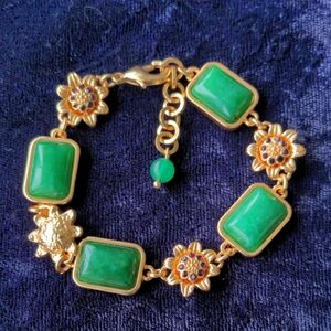 10K Gold Plated Link Bracelet With Green Jadeite (?) Gemstones